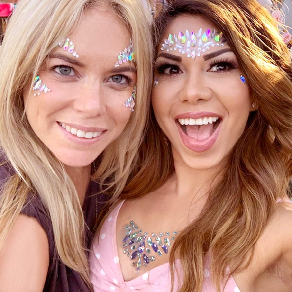 woman smiling with face gems at music festival