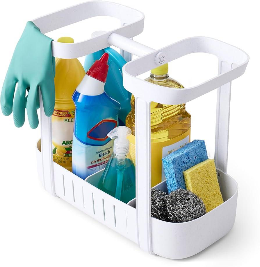 collection of colorful cleaning supplies under a sink
