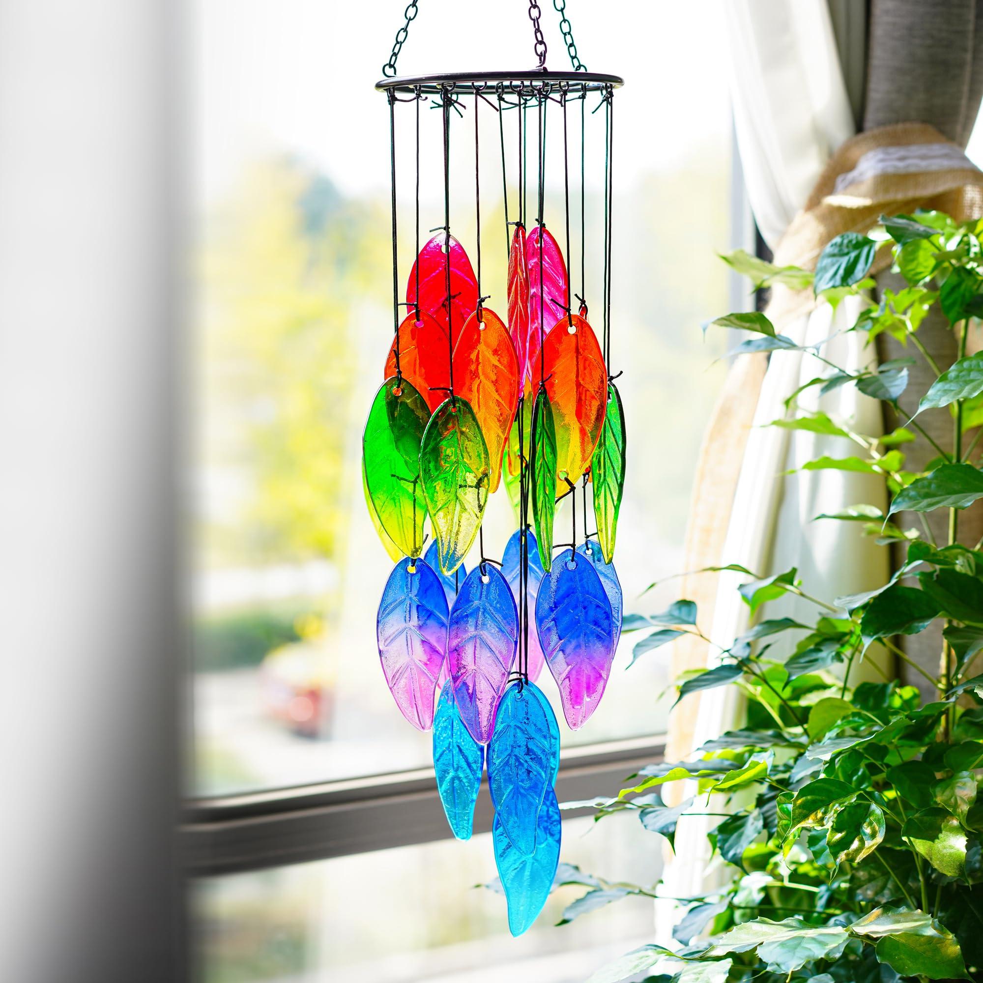 Leaf-shaped wind chimes hanging outdoors