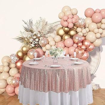 metallic balloons, glitter confetti, sequin tablecloth