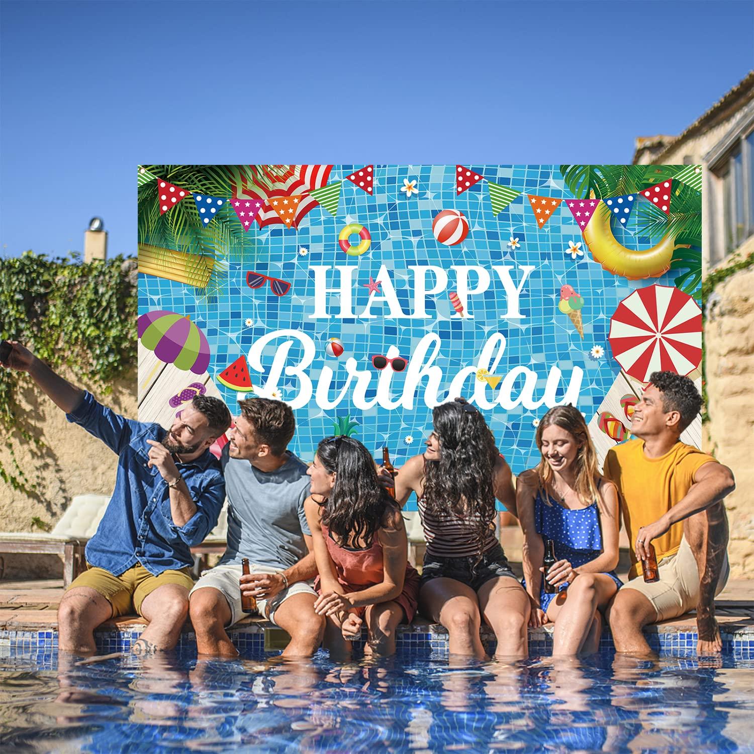 friends laughing at personalized pool party decorations