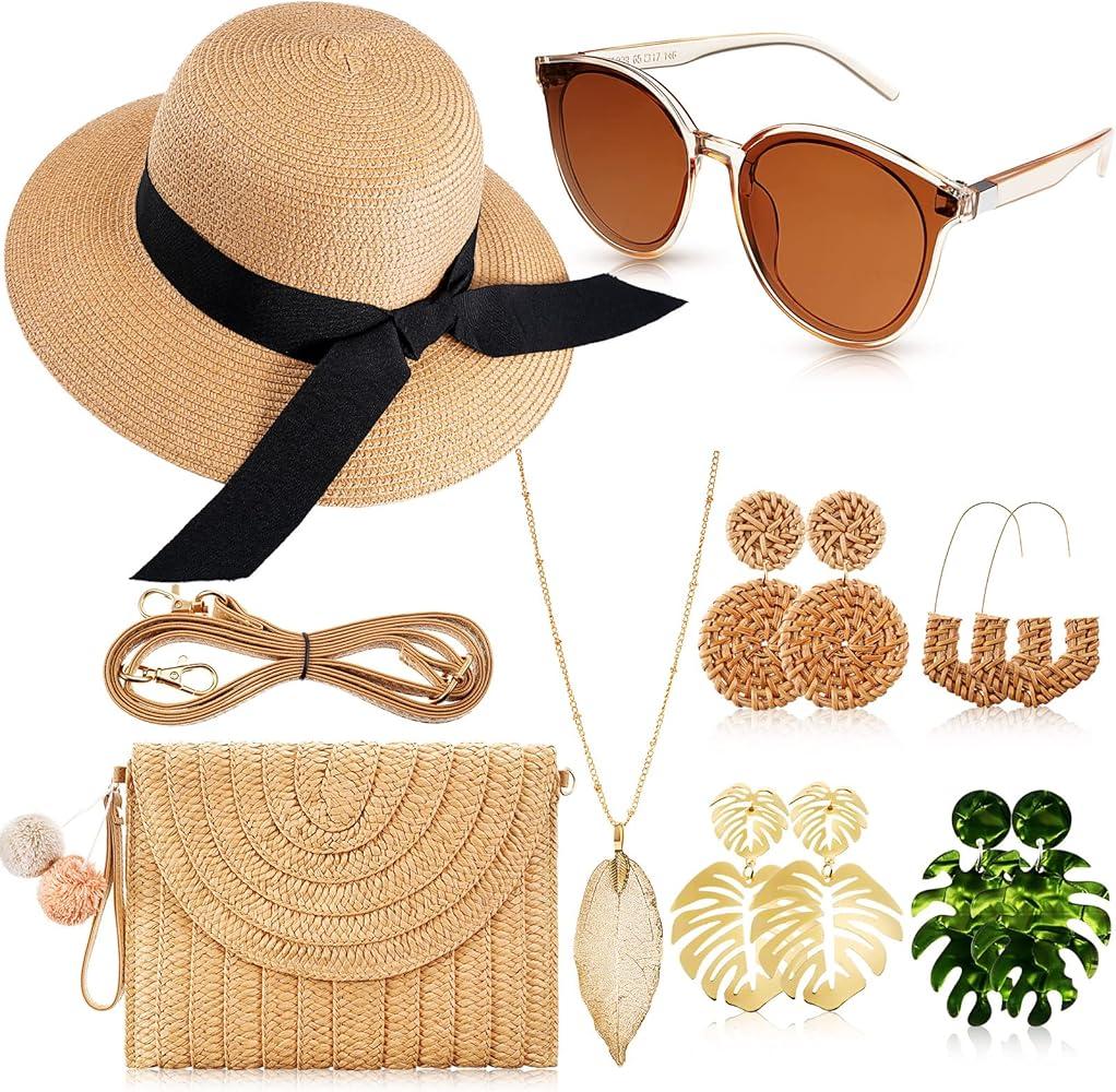 straw hat, sunglasses, cross body bag, and cute jewellery
