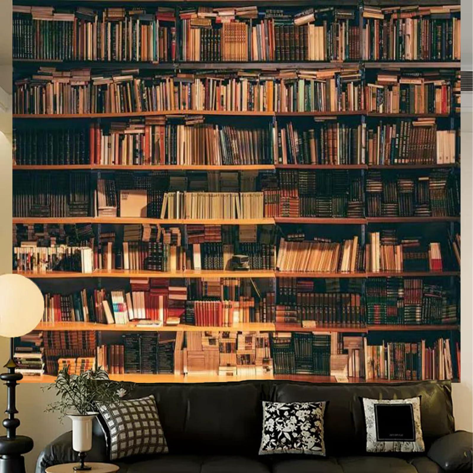 dorm room wall shelves with books and decorations