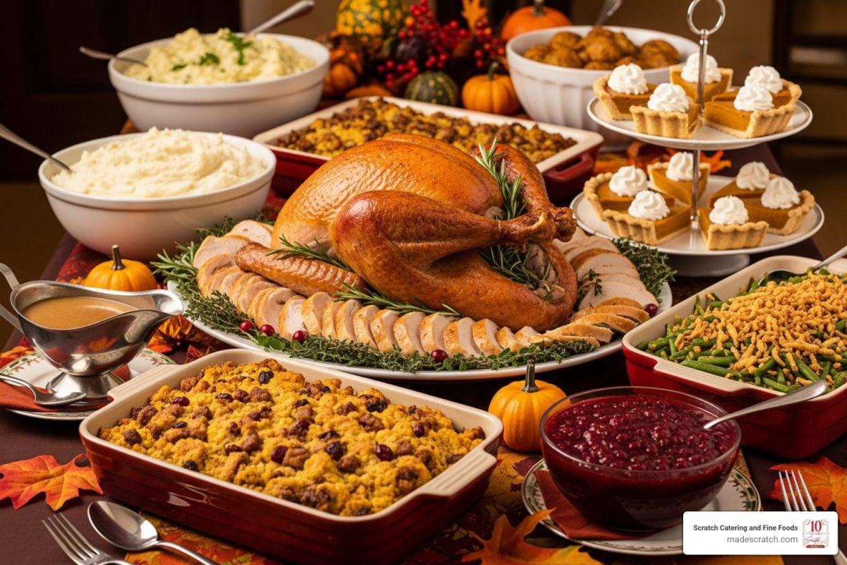 Cozy Thanksgiving dinner table with family laughing, focus on a large bowl of stuffing as centerpiece