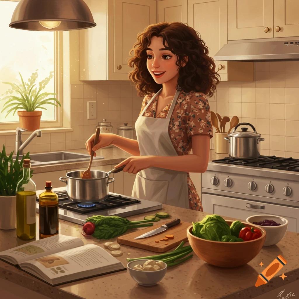 A cozy kitchen scene with a person stirring a pot of creamy pasta on the stove, warm lighting