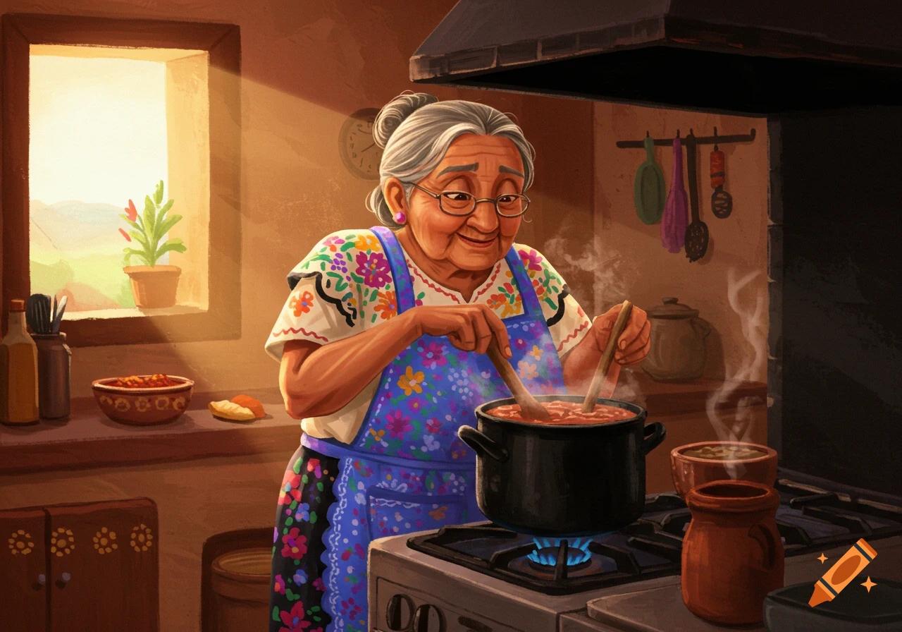 Old-fashioned kitchen, grandmother stirring a pot on the stove, steam rising