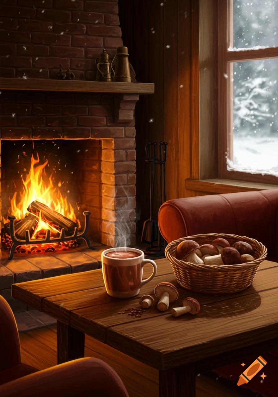 Cozy living room with fireplace, a steaming mug of orange clove punch on a side table