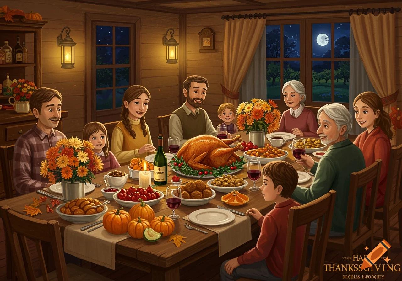 Family gathered around a dining table, admiring a roasted turkey before carving