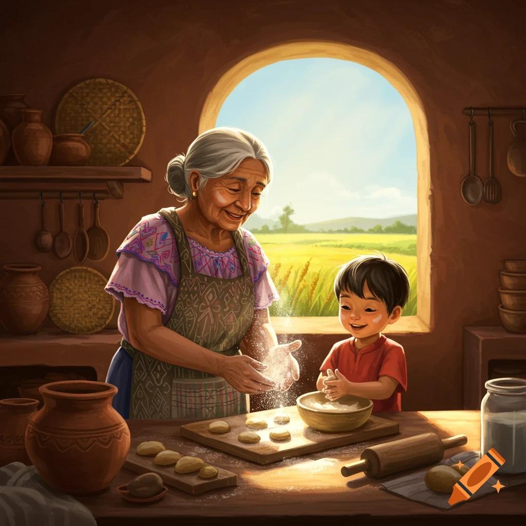 vintage kitchen scene, grandmother cooking with child, warm lighting