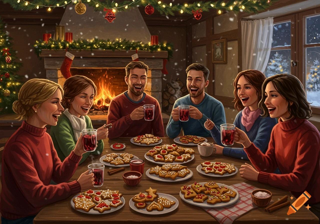 Festive holiday scene with a family enjoying drinks indoors, with snow outside