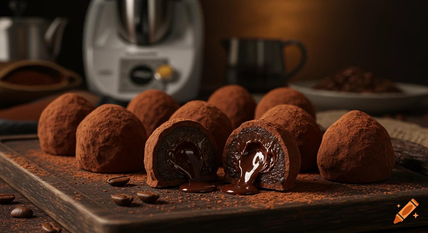Close-up of elegantly arranged cocoa-dusted espresso truffles on a rustic wooden board with coffee beans, soft focus background