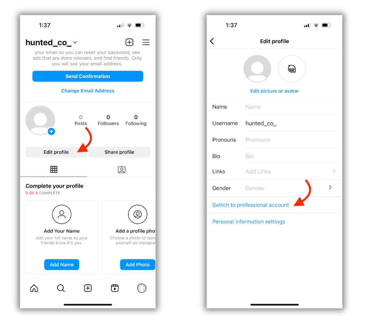 setting up a business instagram account on a phone