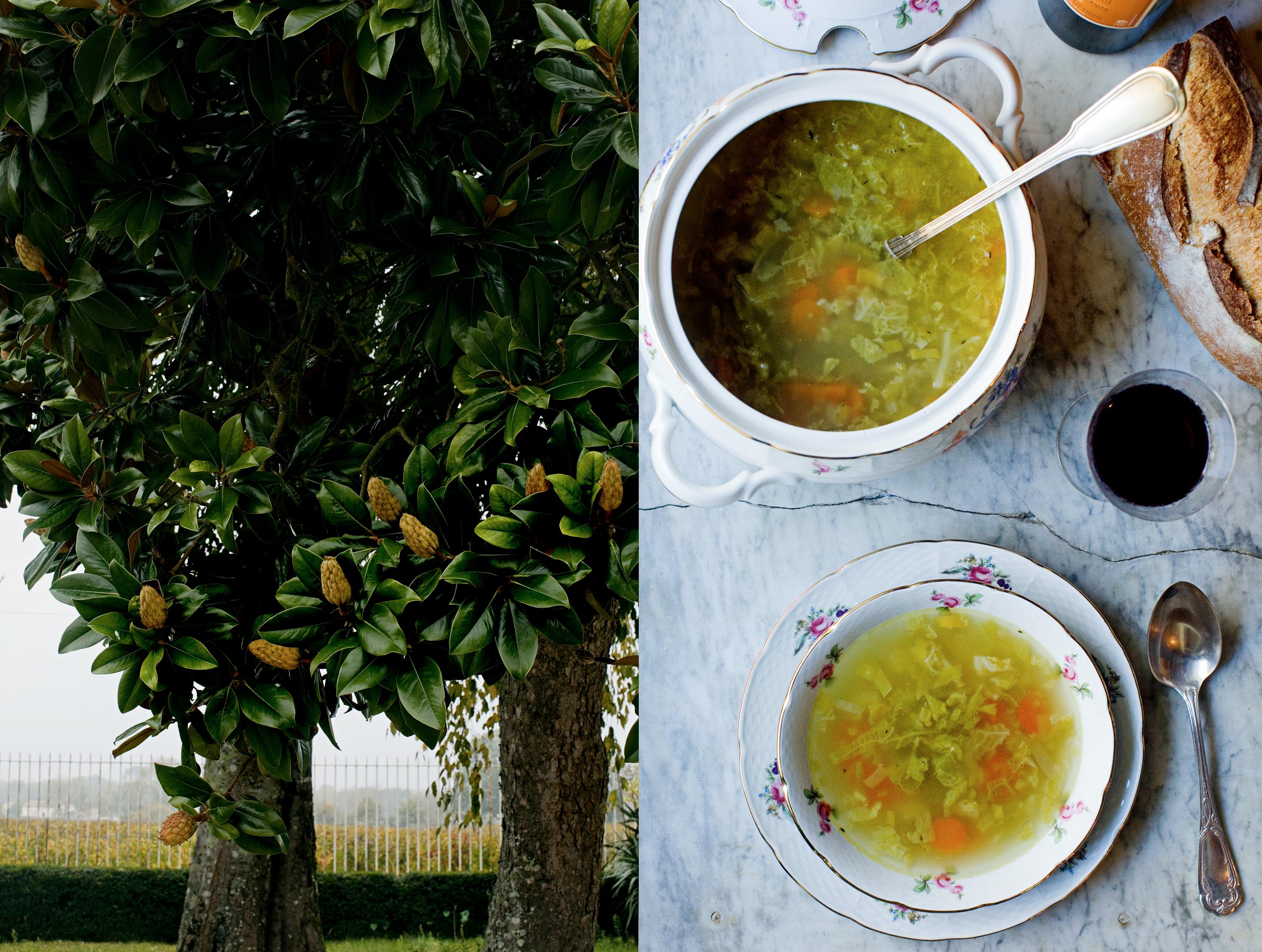 Grandmother stirring a pot of potato soup with a gentle smile