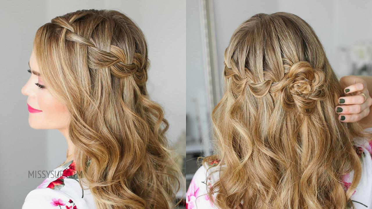 close-up of a waterfall braid with flowers