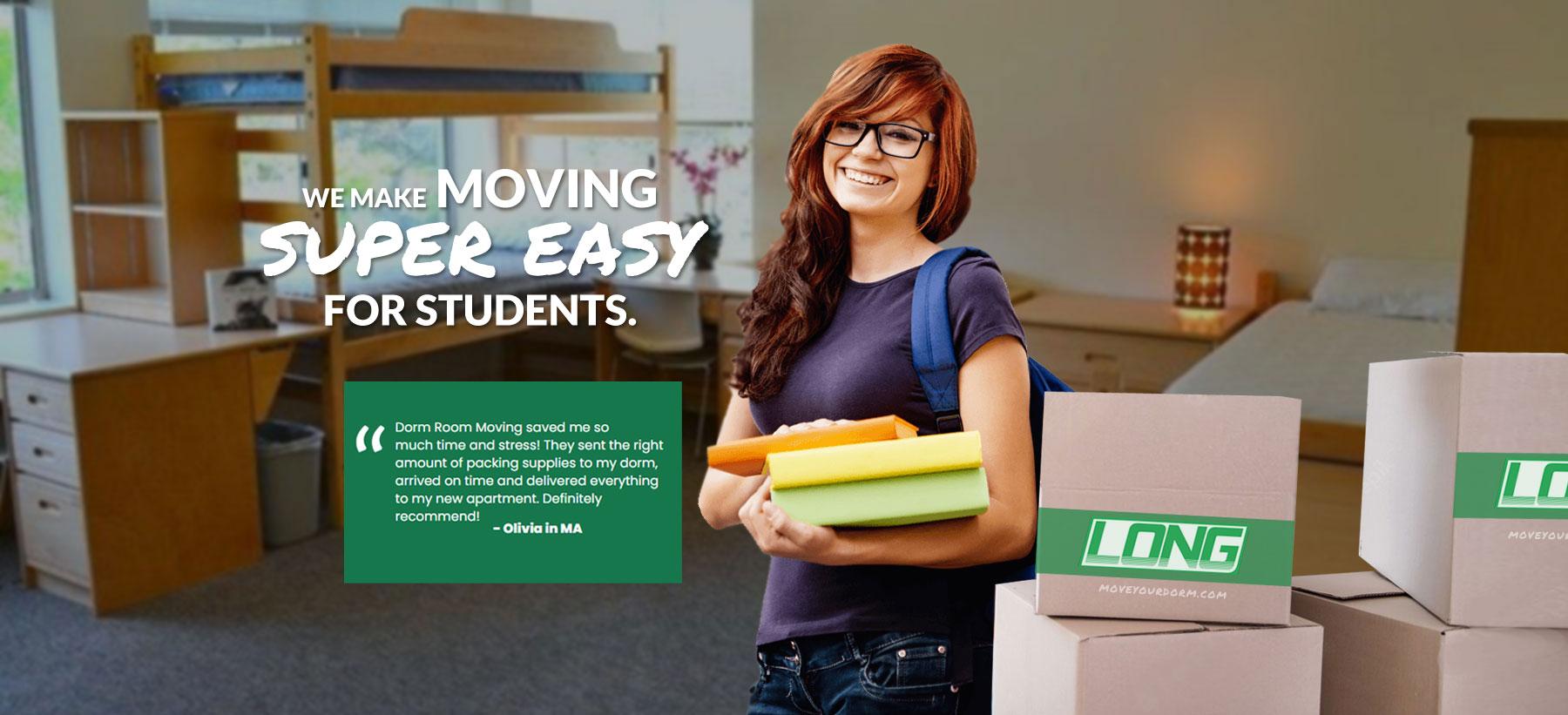 student arriving at college dorm room with boxes