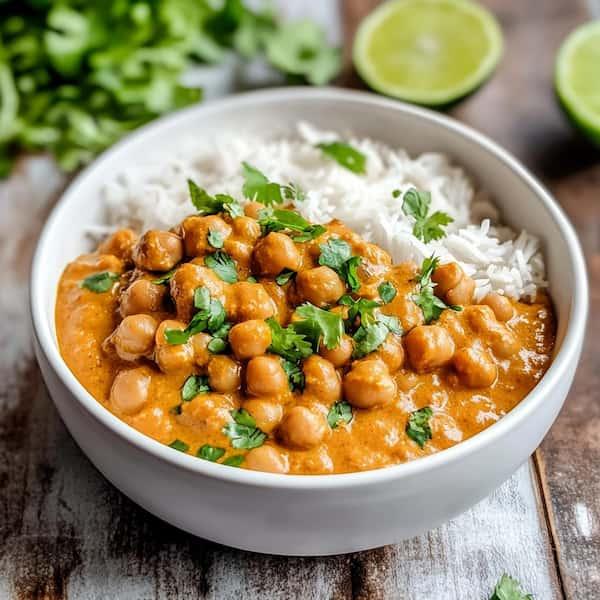 bowl of steaming chickpea curry with warm lighting
