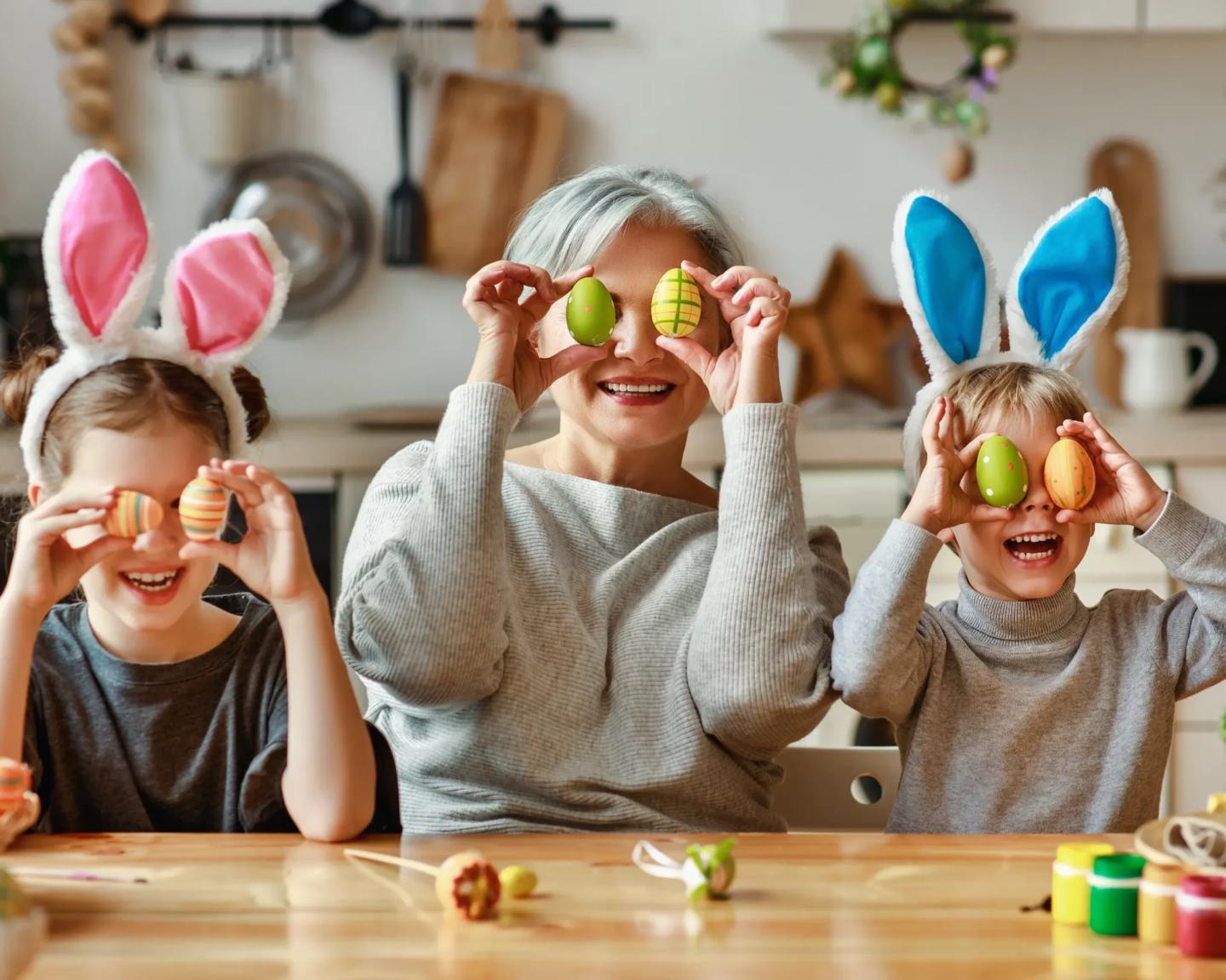 child looking at easter decorations
