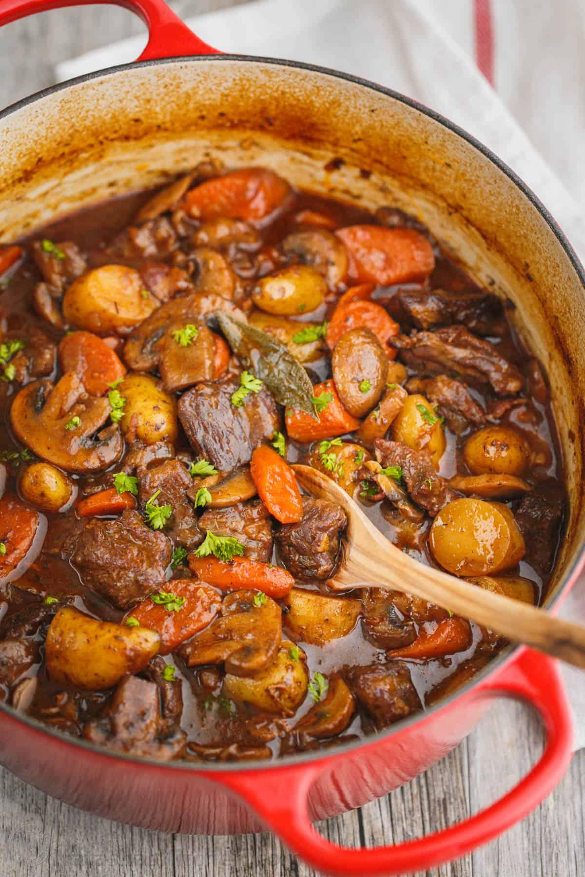 Cozy kitchen scene with a large pot of beef stew simmering, warm lighting, family in background