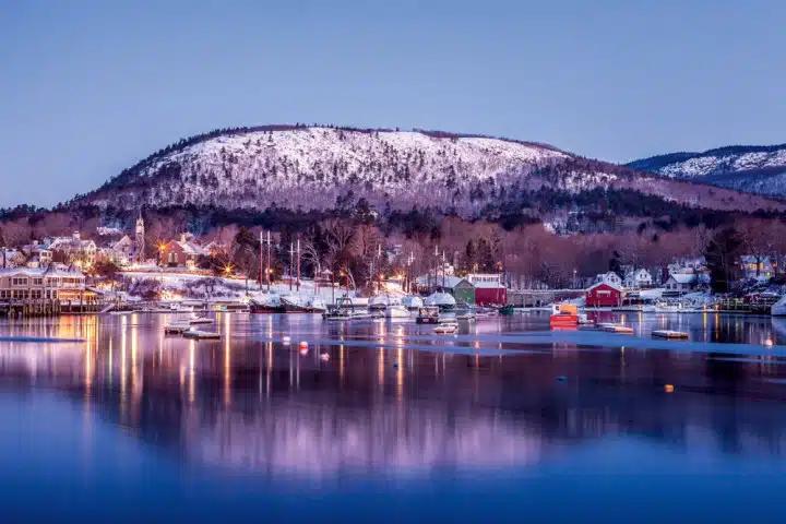 winter scene of a quaint new england coastal town