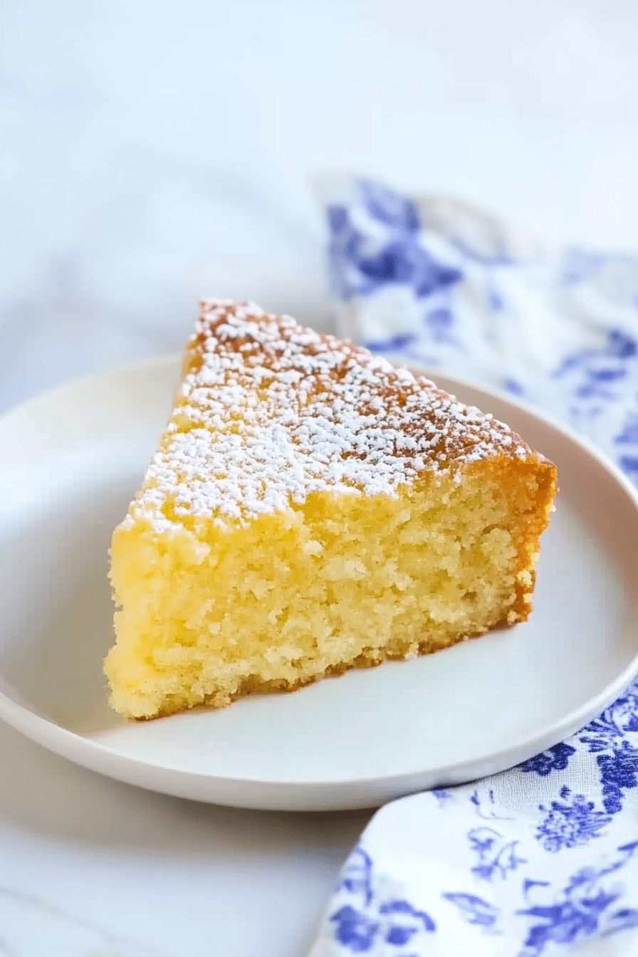 close-up shot of a slice of the olive oil cake showing the moist crumb