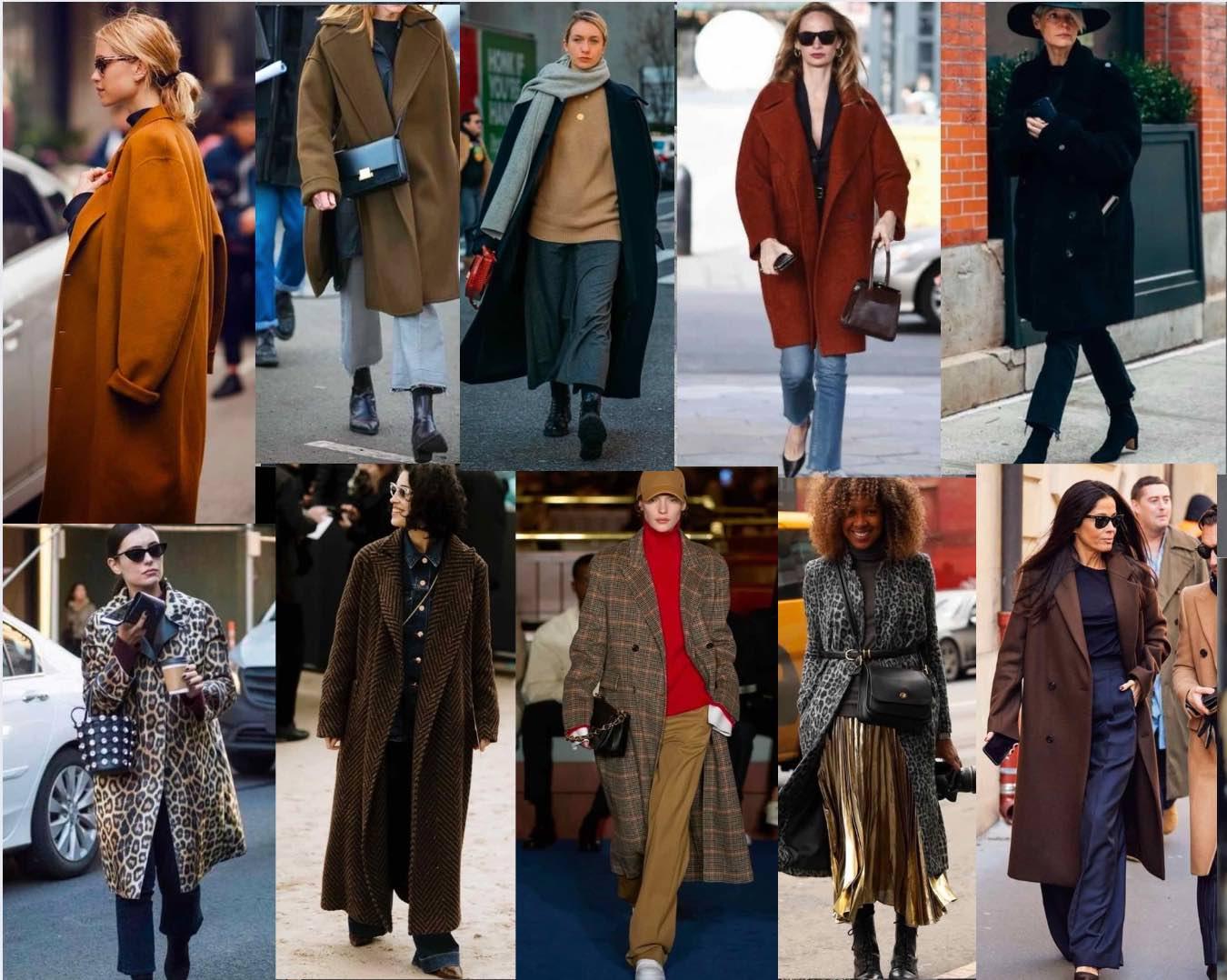 collage of different women wearing various winter coats in different settings