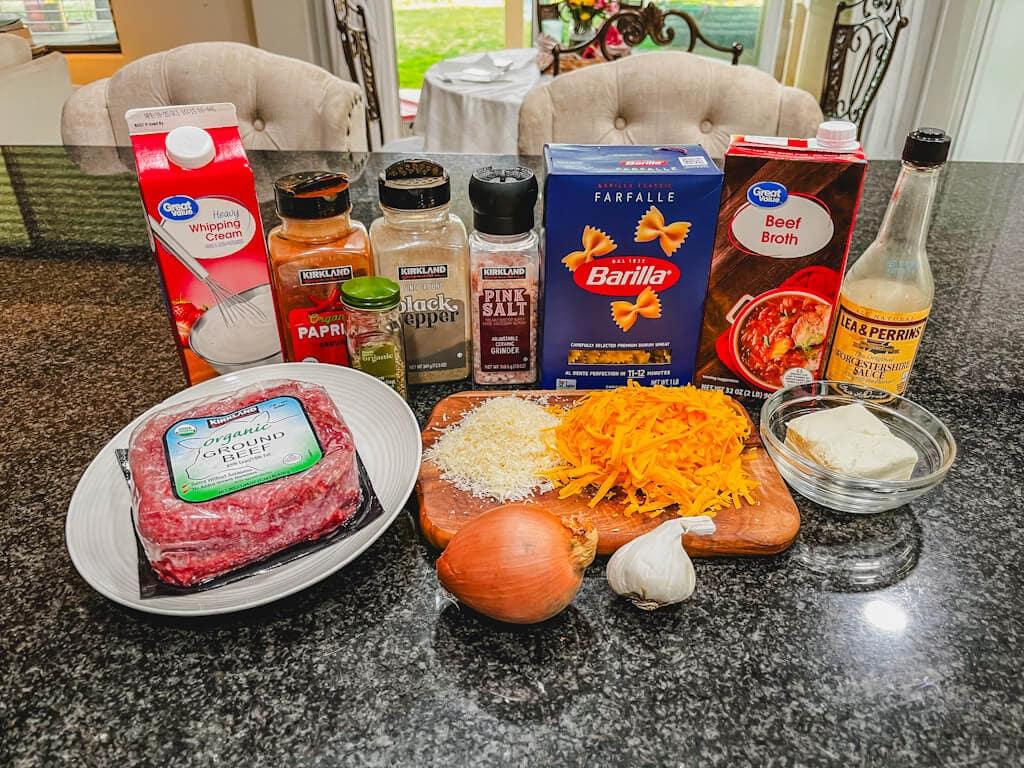 ingredients for ranch beef pasta laid out on a counter