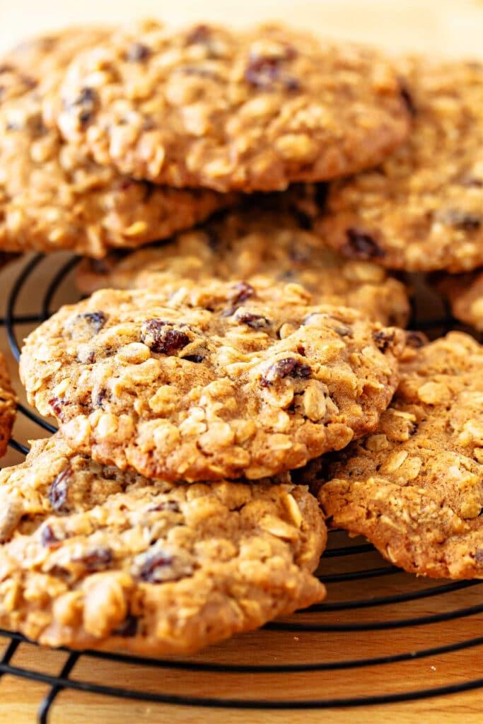 close-up of perfectly baked chewy oatmeal raisin cookie