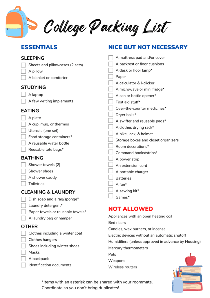 checklist of essential items college packing