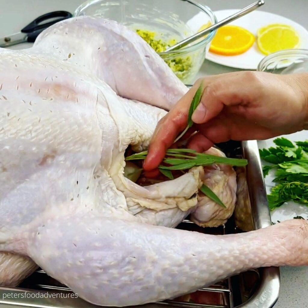 close up of citrus herb rub being applied to turkey skin