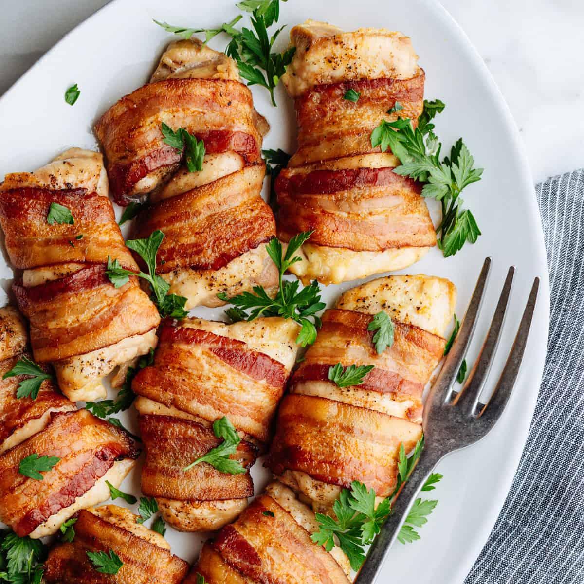 bacon wrapped chicken thighs fresh out of the oven