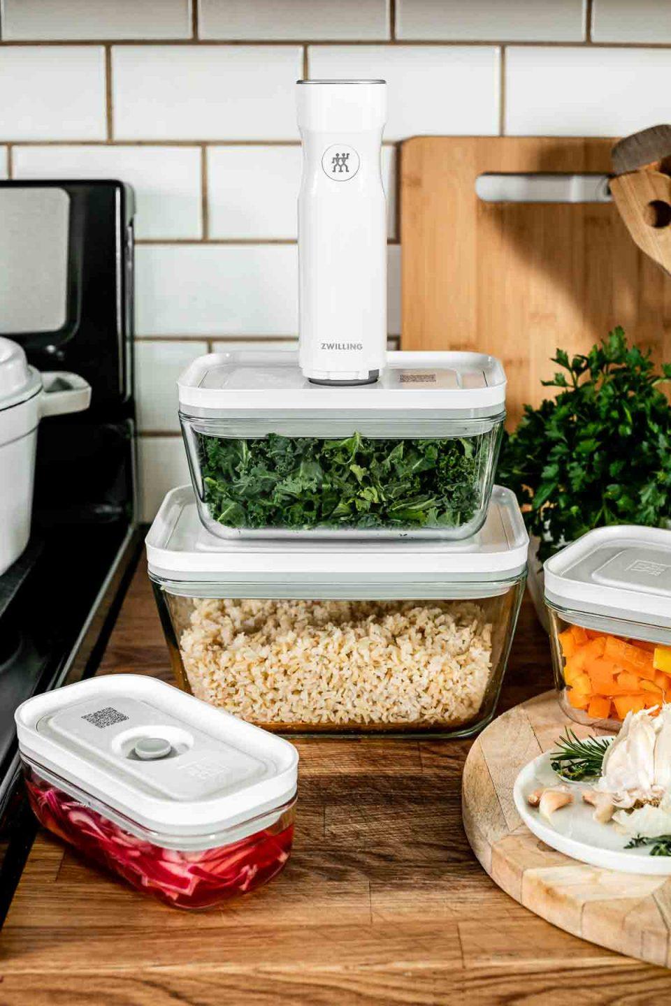 kitchen counter with meal prep ingredients and containers