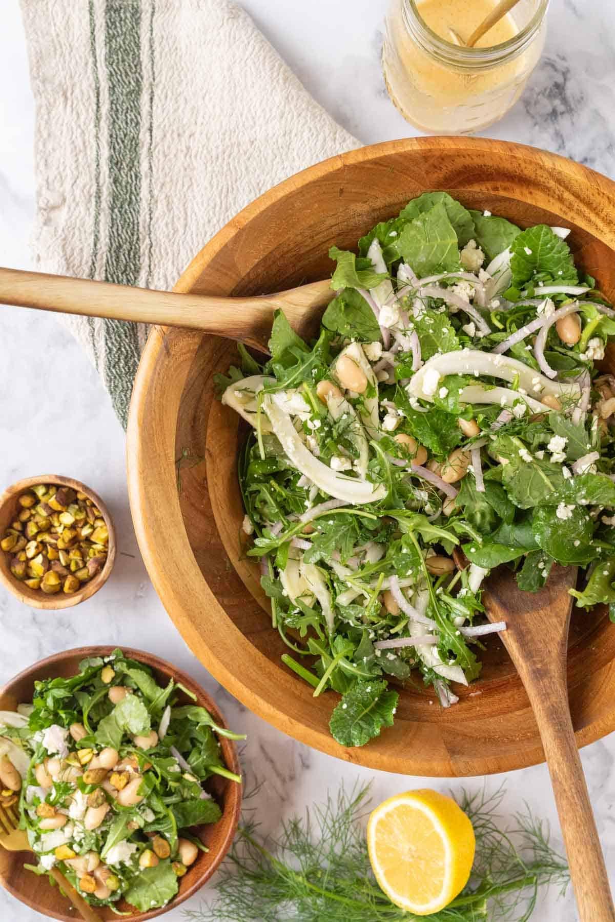 close up of white bean and arugula salad
