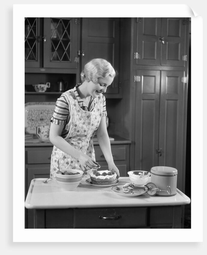 Vintage kitchen with a woman baking, a hint of strawberry shortcake