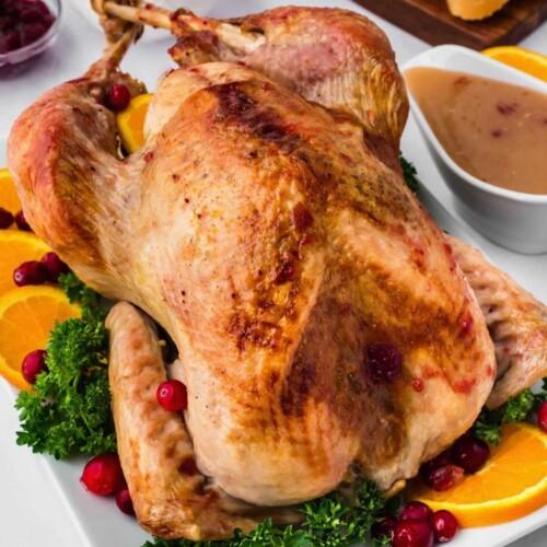 Cranberry ginger sauce drizzled over a slice of roast turkey on a serving platter