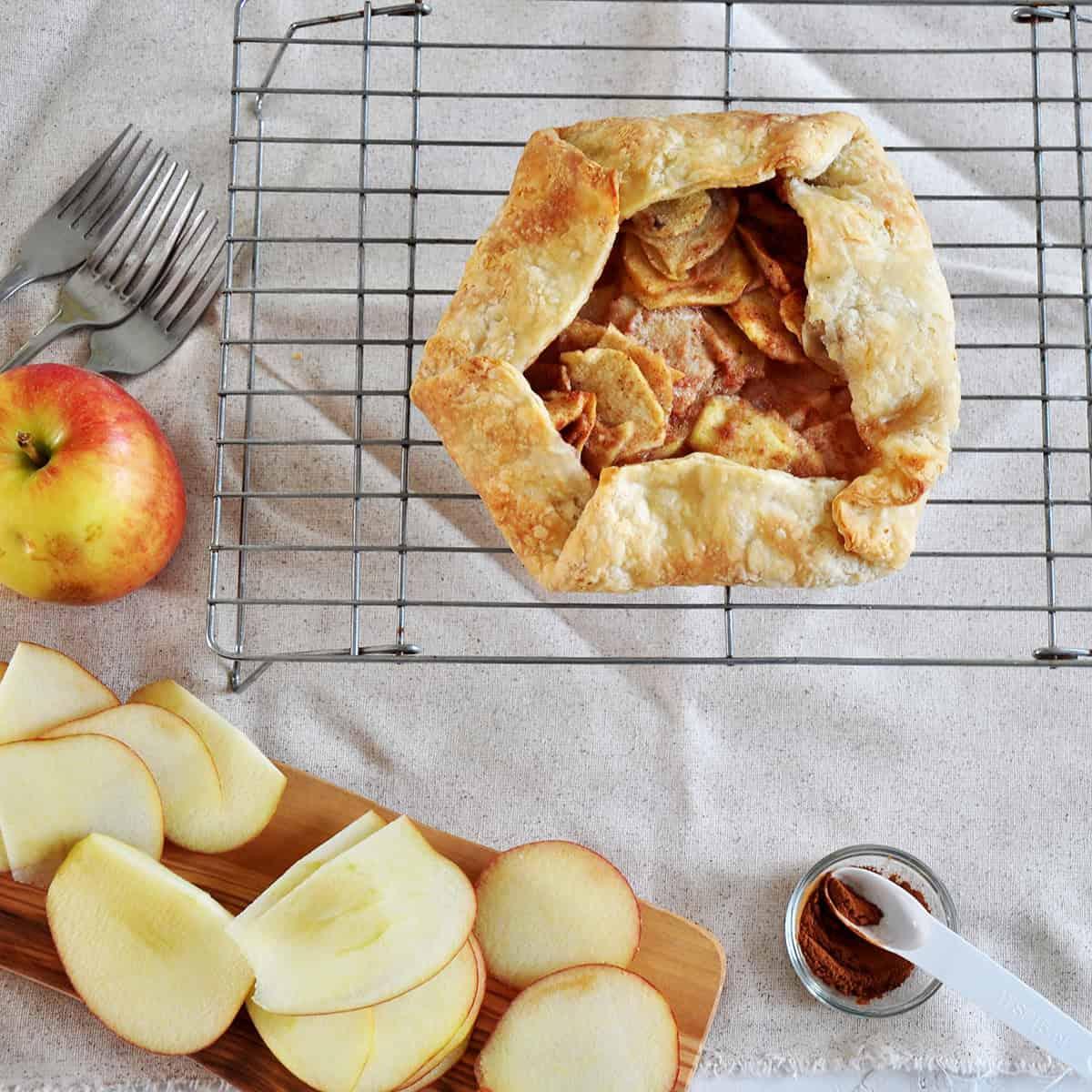 overhead shot of a rustic apple crumble baking in an oven