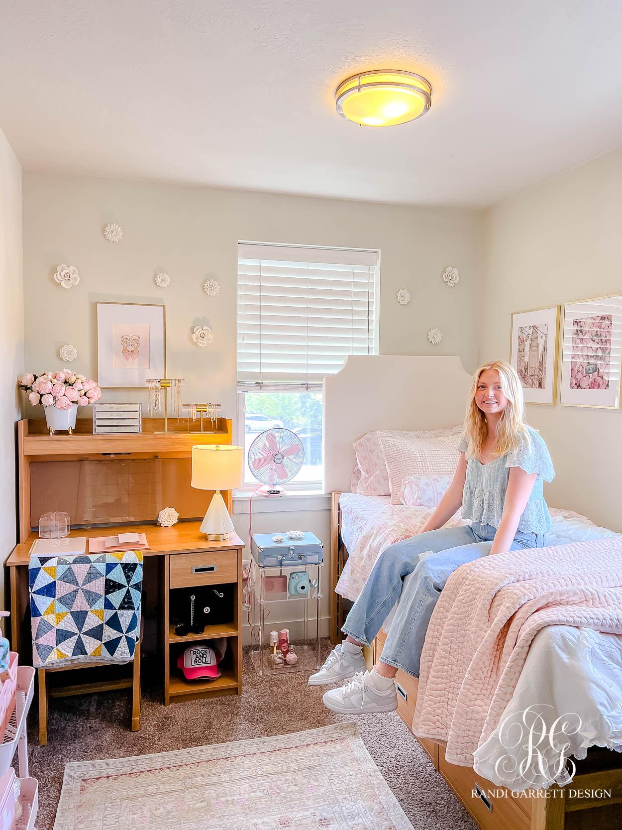 dorm room with stylish bedding