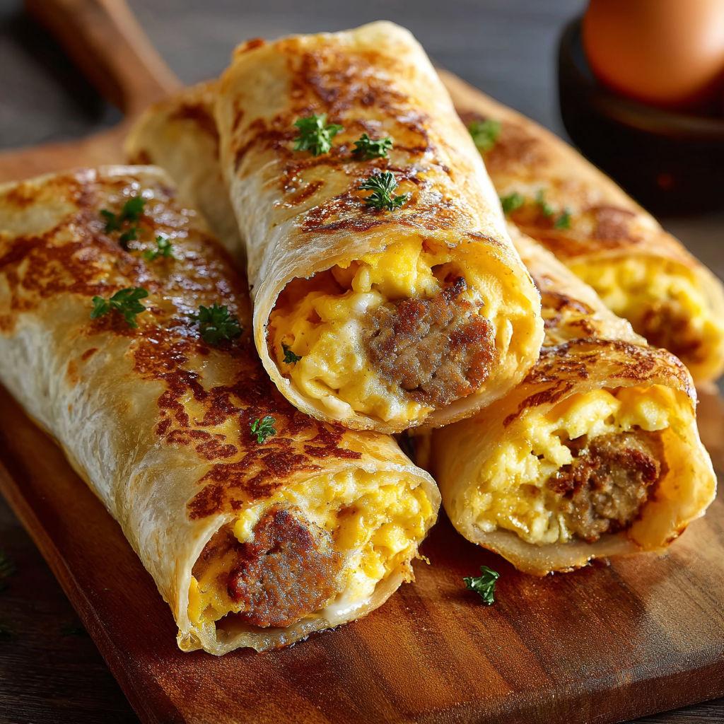 ingredients for sausage egg roll ups laid out on a rustic kitchen counter, natural light