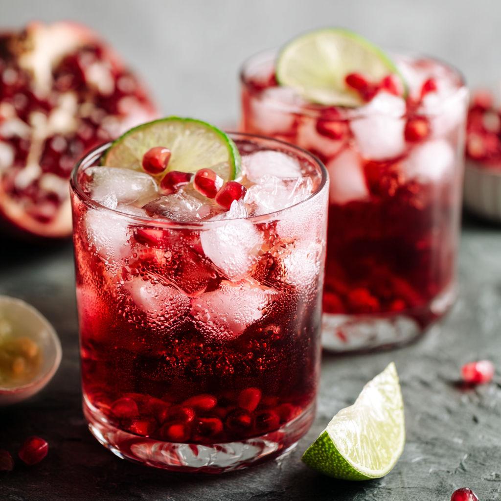 pomegranate seeds and mint leaves floating in a glass of sparkling water