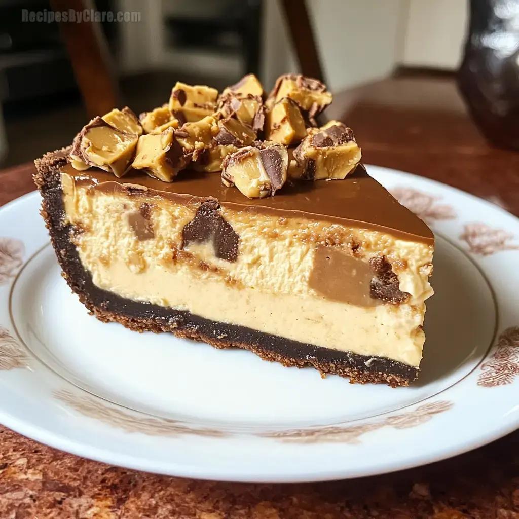 a group of people smiling and enjoying slices of peanut butter cup cheesecake