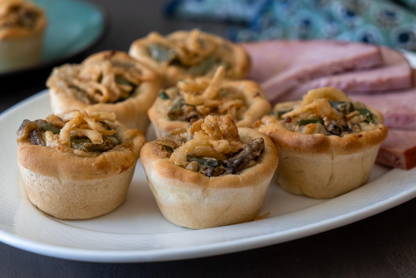 individual baked green bean casserole cups, golden brown crispy topping