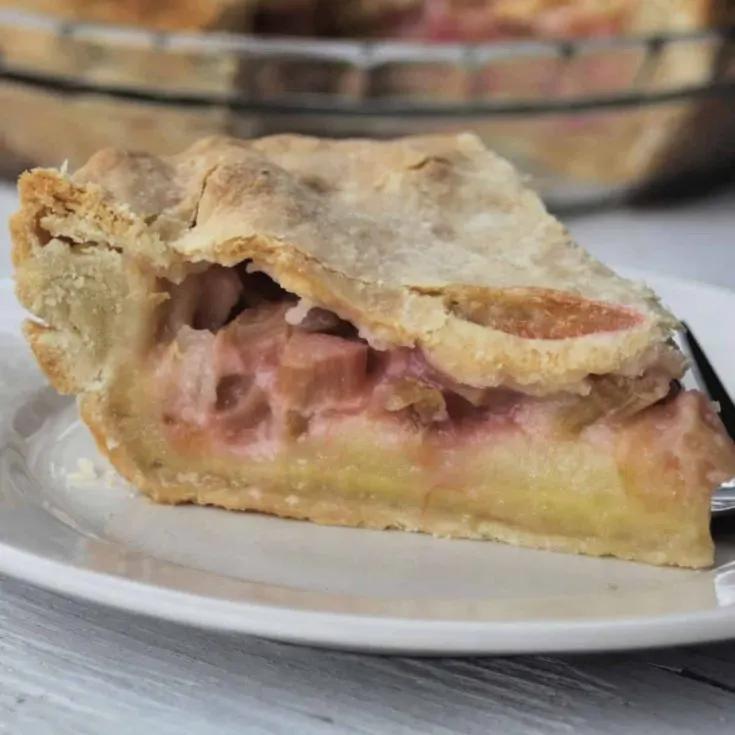 Close-up of a slice of rhubarb custard square showing the layers