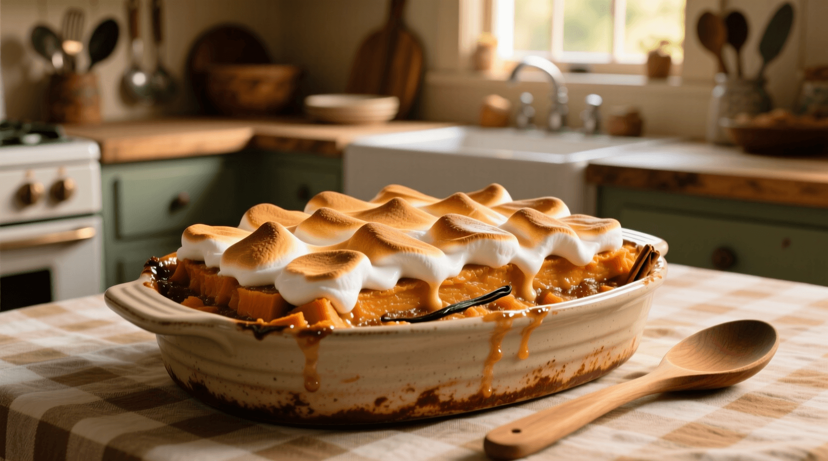 Rustic family dining table with a large whipped sweet potato casserole as the centerpiece, blurred background of people enjoying holiday meal