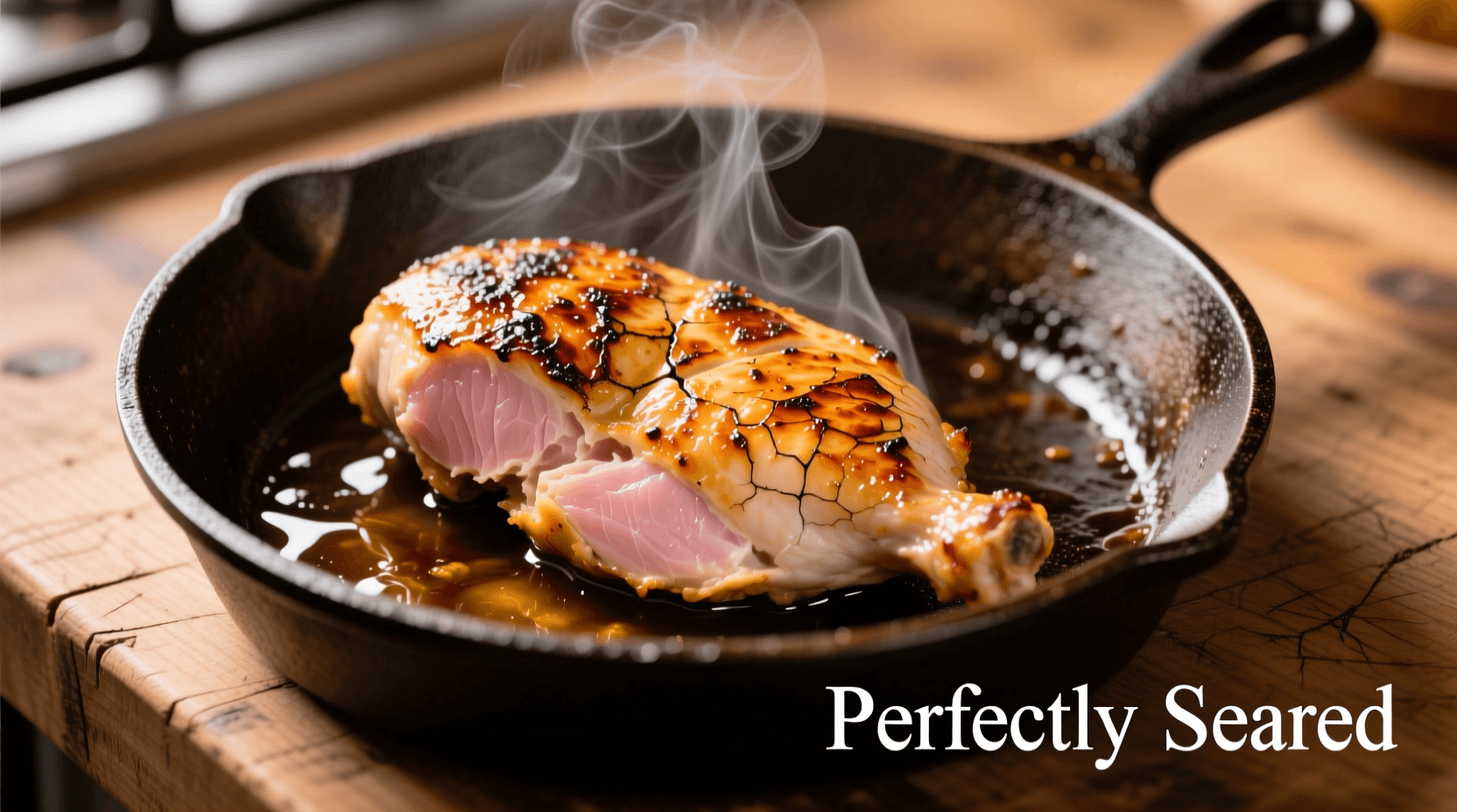 Chef searing chicken breast in a cast iron skillet, golden brown crust, steam rising