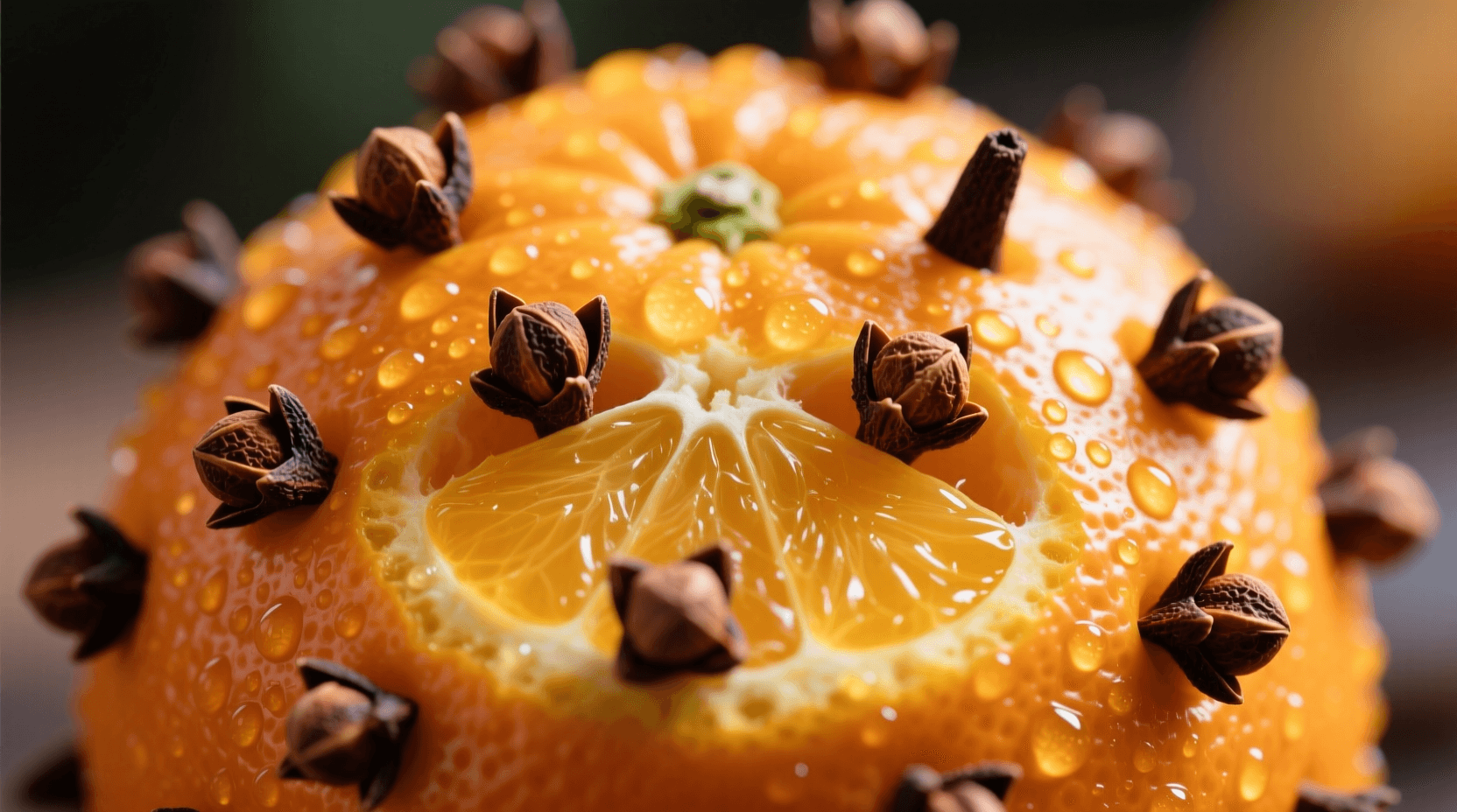 Close-up of fresh oranges studded with cloves, ready for simmering