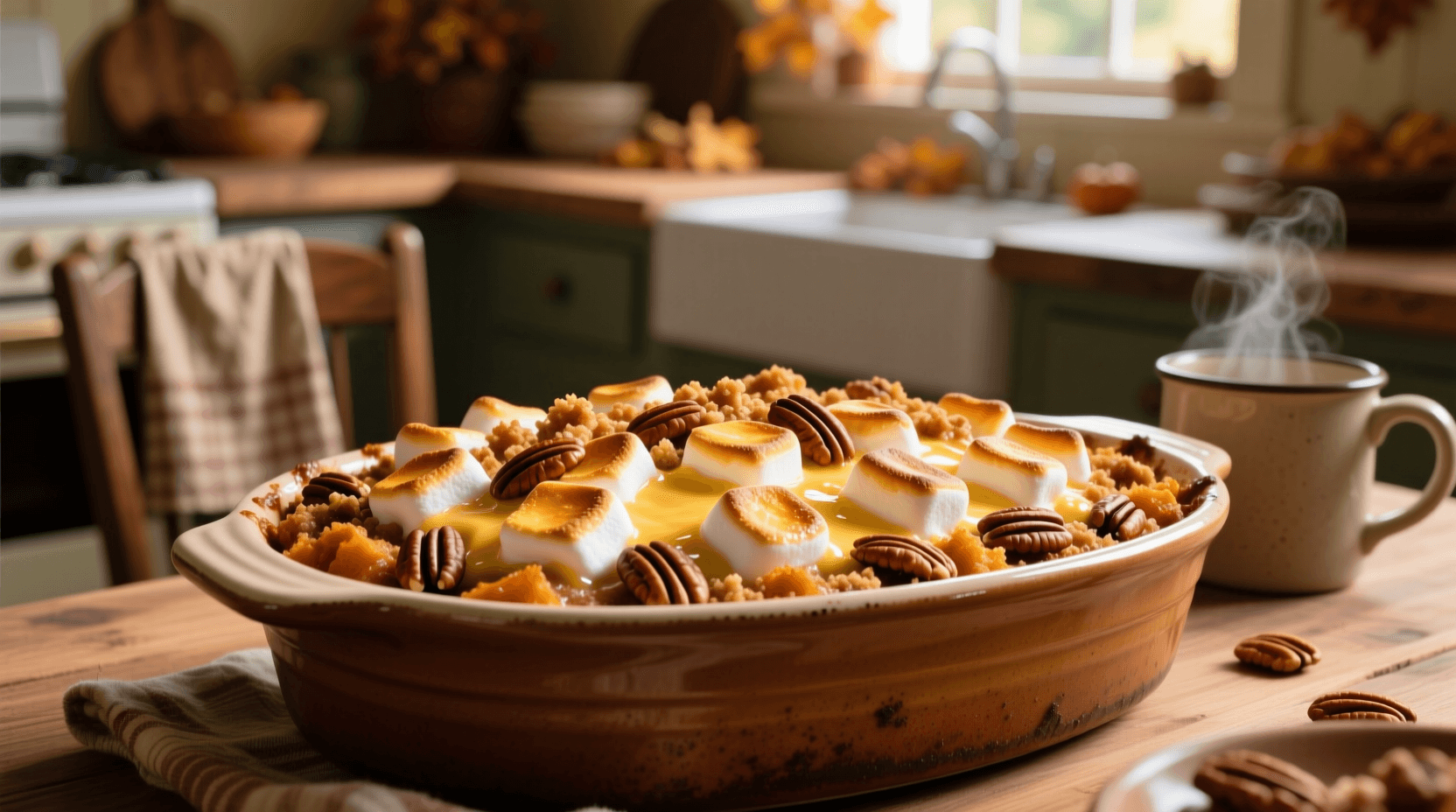 Warm, inviting kitchen scene during a holiday, with a partially visible sweet potato casserole in the background, a cozy ambiance, soft lighting.