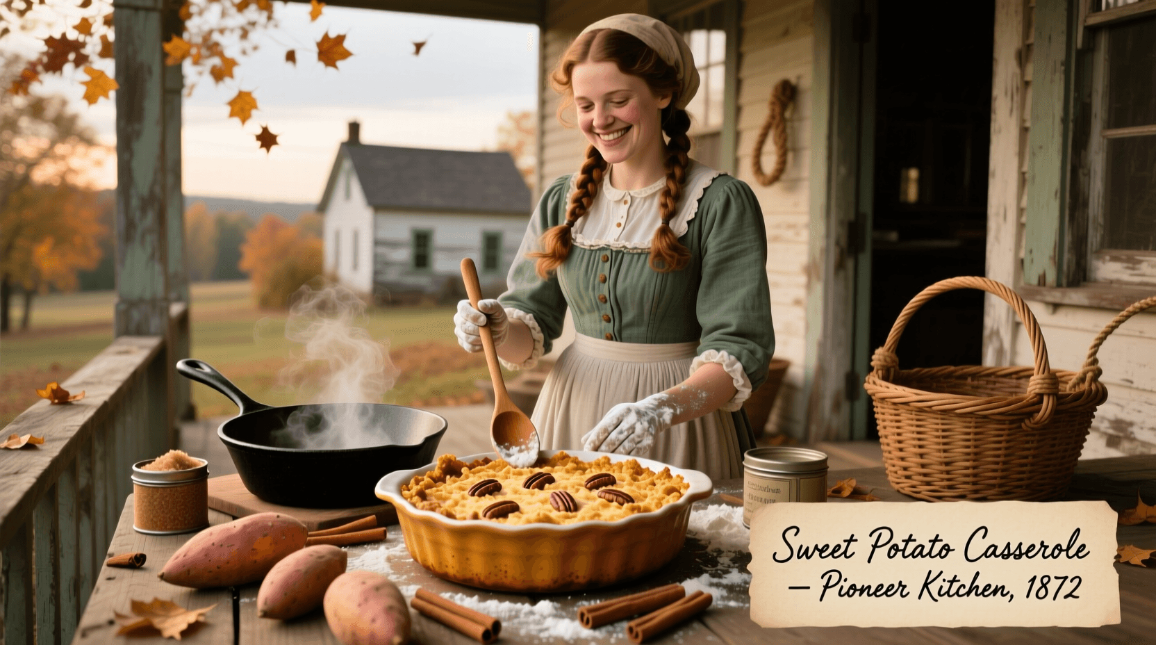Woman smiling while holding a freshly baked maple sweet potato casserole, warm kitchen setting