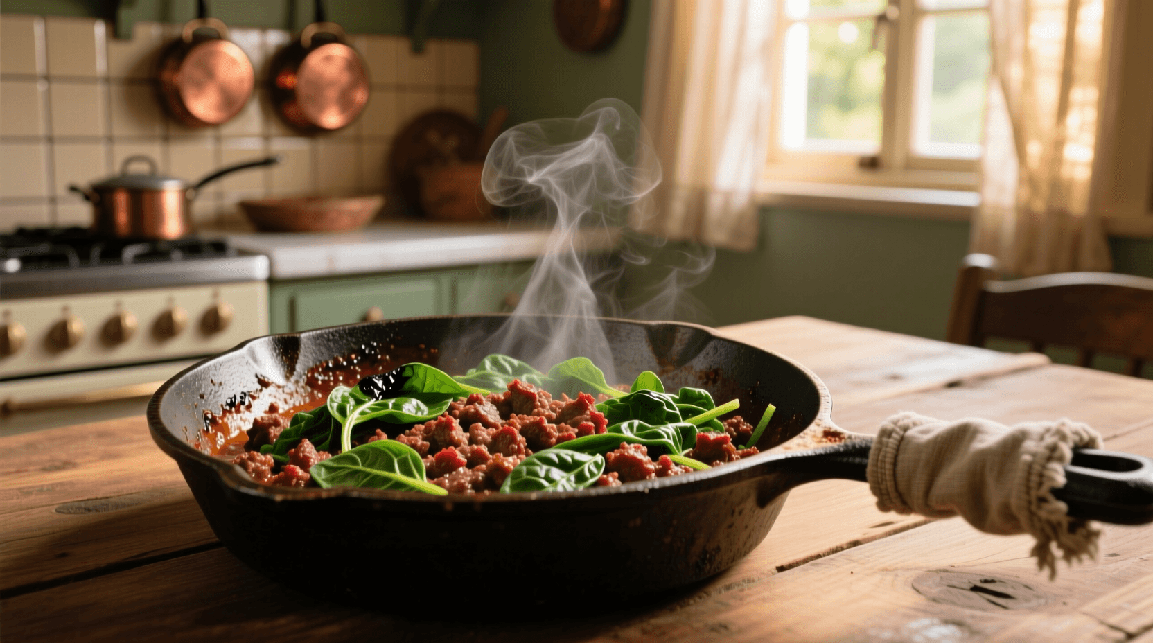 person stirring ground beef and vegetables in a large skillet, blurred background