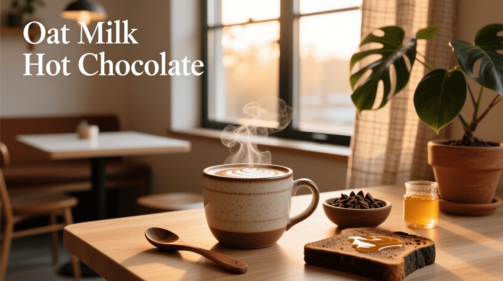 cozy mug of light almond milk hot chocolate on a wooden table beside a window