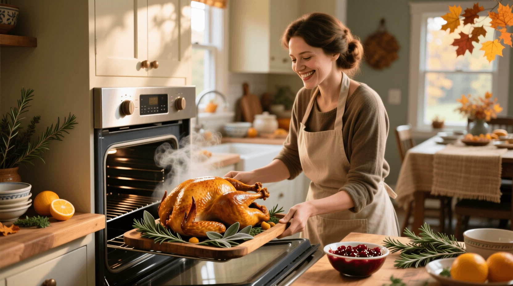 Warm, inviting kitchen scene during a holiday, with a roasting turkey visible in the background