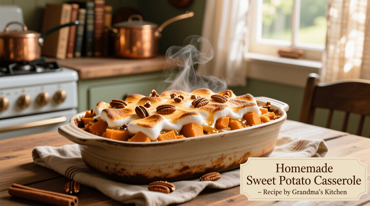 Grandma's kitchen, sweet potatoes roasting, warm light, vintage feel